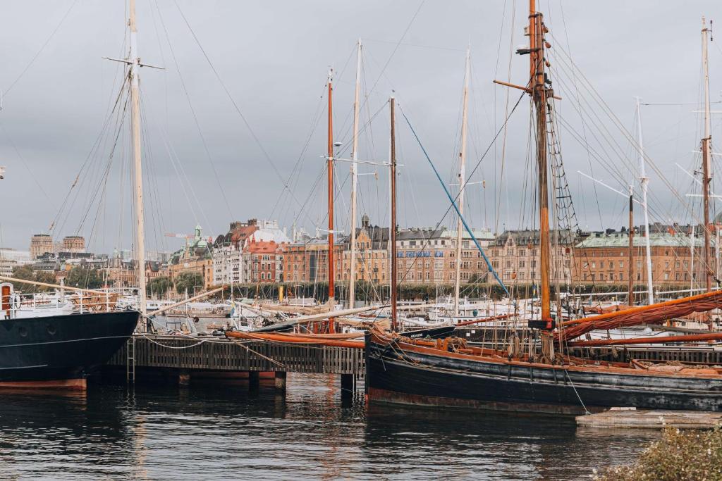 a group of boats docked in a harbor with buildings at Story Hotel Riddargatan, part of JdV by Hyatt in Stockholm