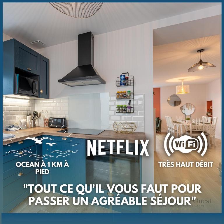 Une image d'une cuisine avec un panneau qui lit la truite hors de chez vous. dans l'établissement T5 La Servanaise - Océan accessible à pied, à Les Sables-dʼOlonne