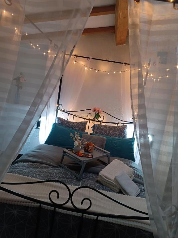a bedroom with a canopy bed with a table at Jolie maison de village in Capendu