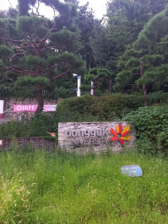 a sign in the middle of a field of grass at Spacious Studio Apt (Myeong-dong) in Seoul
