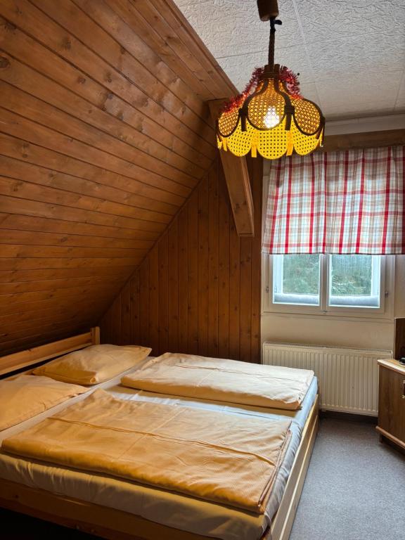 Postel nebo postele na pokoji v ubytování Kábrtova bouda