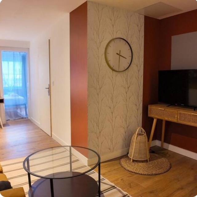 un salon avec une horloge murale dans l'établissement Charmant T2 Hyper centre, à Montauban
