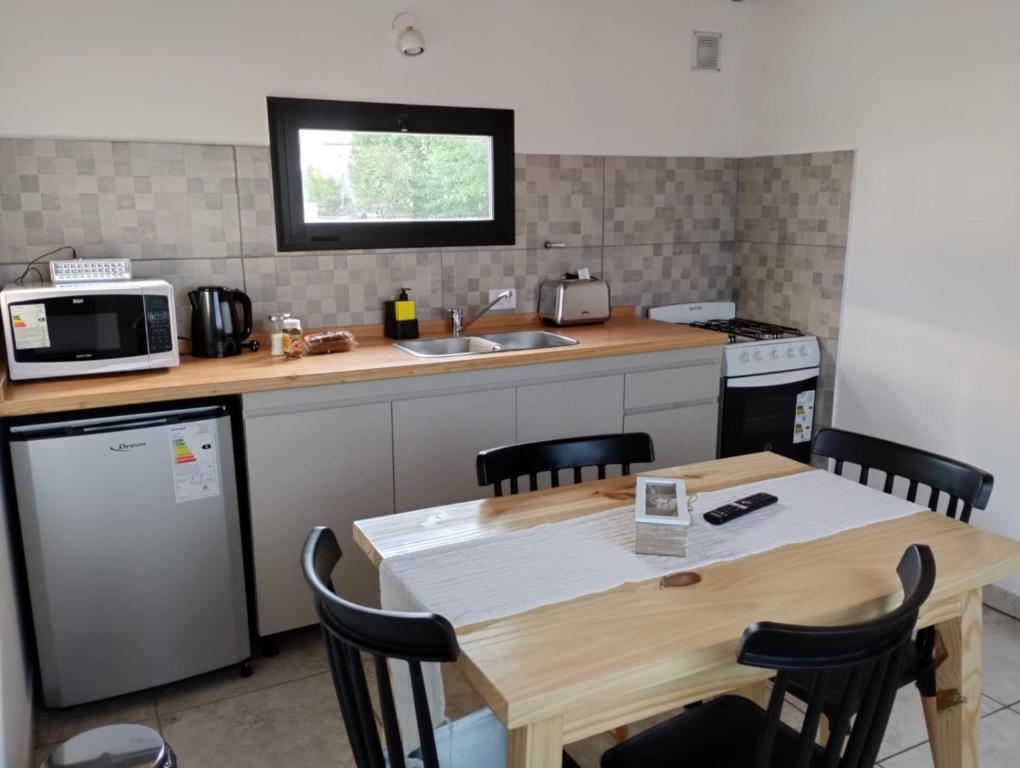a kitchen with a table and a sink and a microwave at Patagonia Wumul in El Calafate