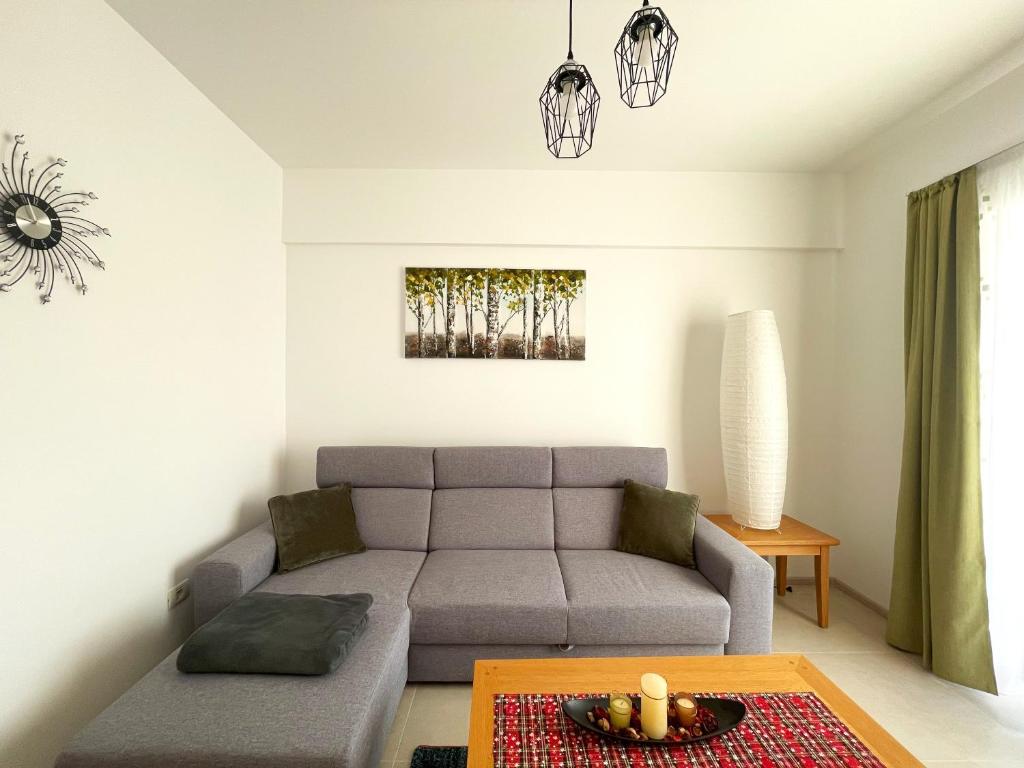 un soggiorno con un divano e un tavolo di Bella Vista Green Apartment a Braşov