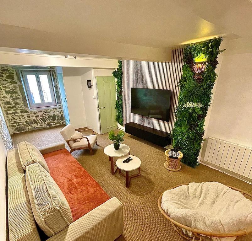 a living room with a couch and a tv at Charmante maison de village in Pennautier