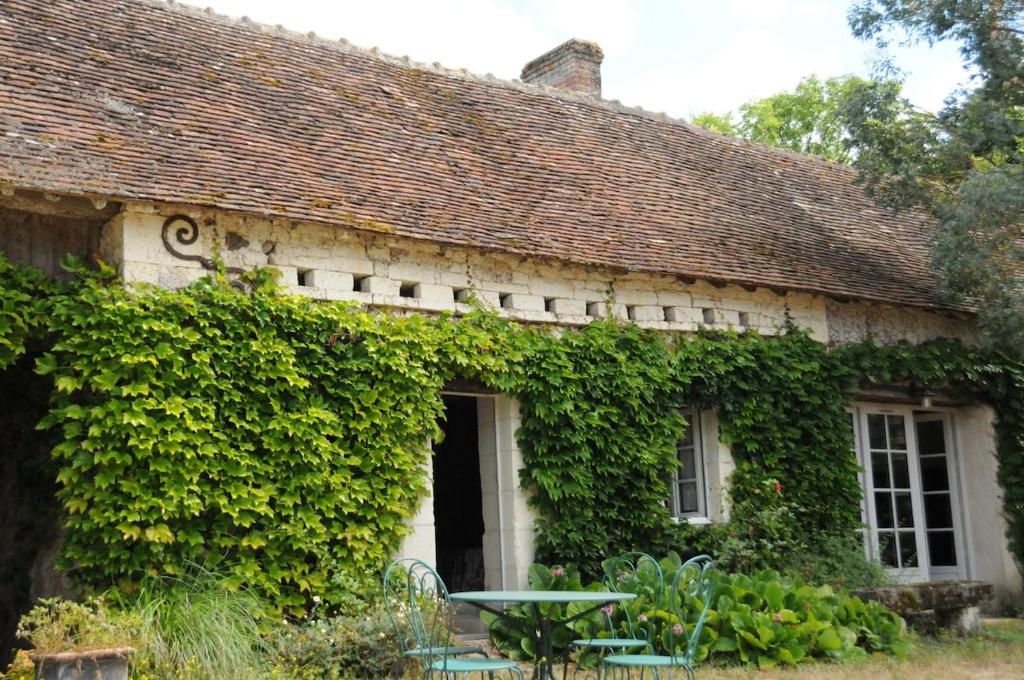 un bâtiment recouvert de lierre et doté d'une table devant. dans l'établissement Les Berthiers - région des châteaux et des vignes, à Sepmes