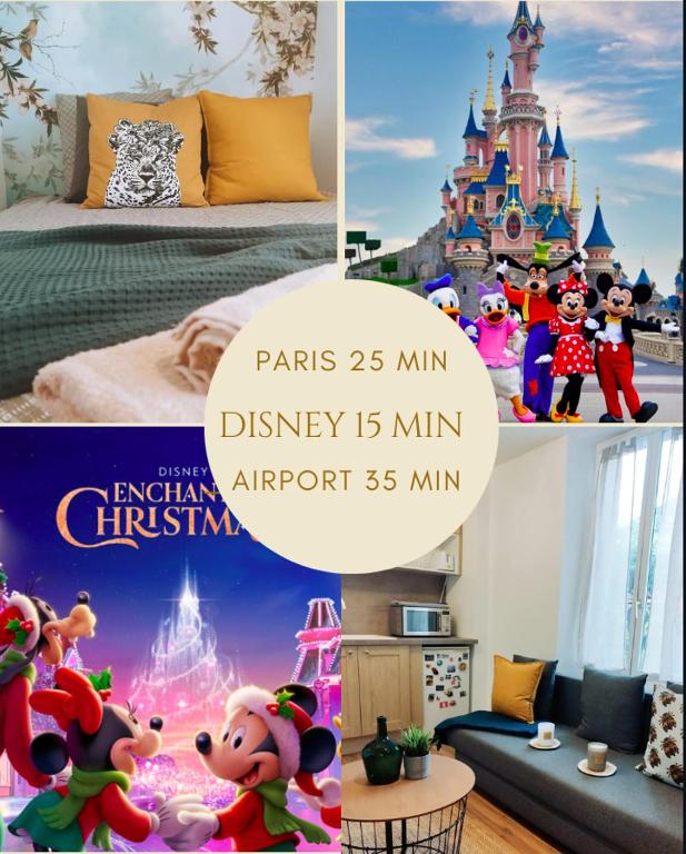 un collage d'images d'un complexe de disques dans l'établissement Nid paisible à 10 min de Disney, à Bussy-Saint-Georges