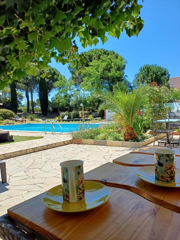 2 tasses à café assises sur une table en bois près d'une piscine dans l'établissement Bel Hotel Restaurant la Gentilhommière, à Trèbes