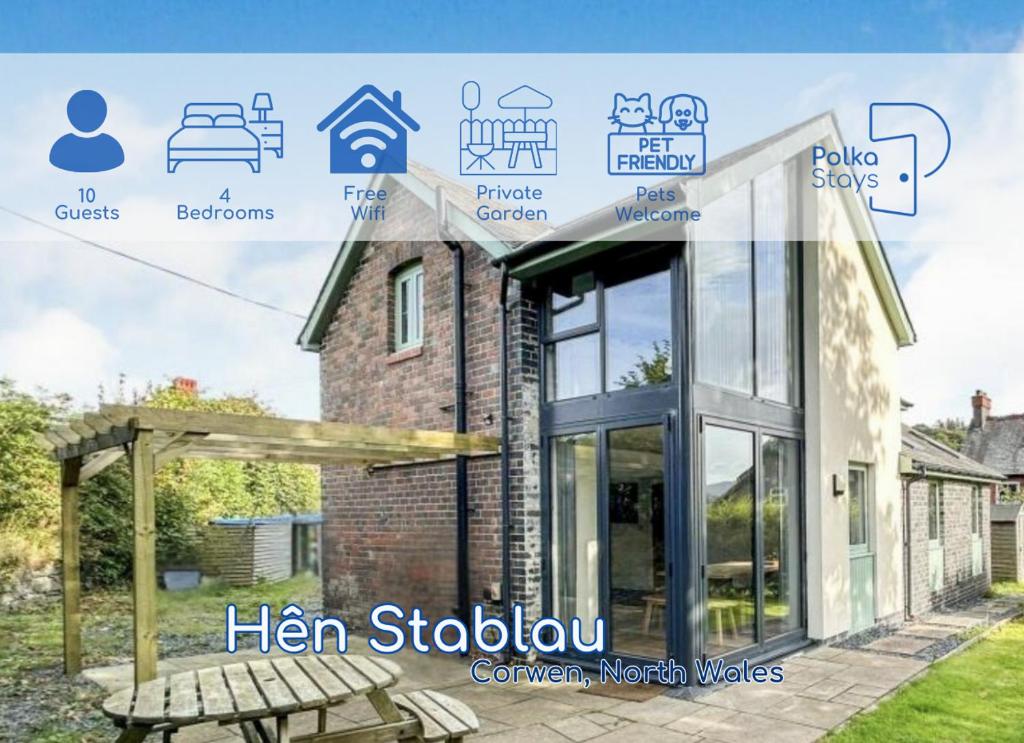 a picture of a house with the words hen stilo at Hên Stablau - Spacious Pet-Friendly Welsh Retreat by PolkaStays in Llanfihangel-Glyn-Myfyr