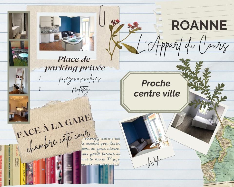 un collage de livres et d'images sur un mur dans l'établissement L'Appart du Cours, à Roanne