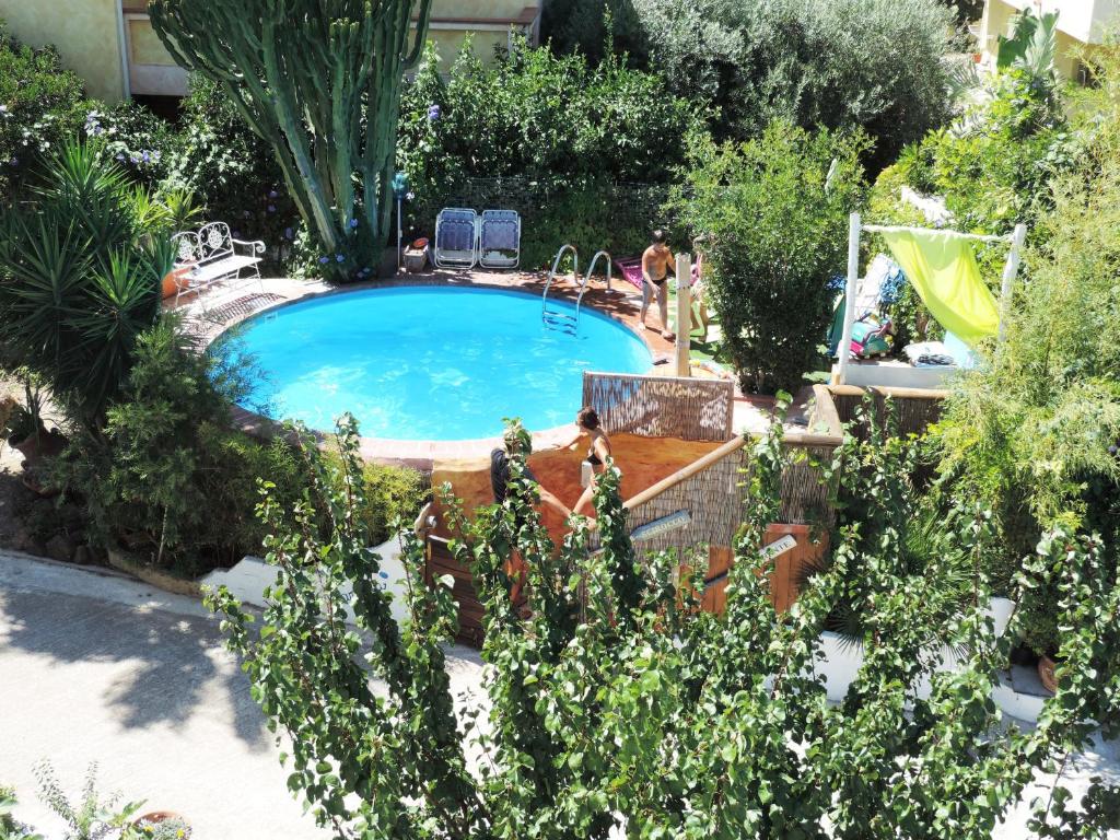 a swimming pool in the middle of a garden at Villa Marina in Orosei