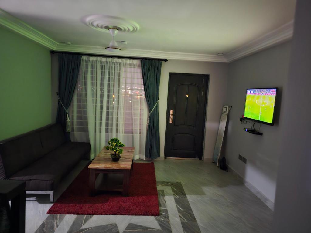 a living room with a couch and a tv at New appartement for reasonable price in Weija
