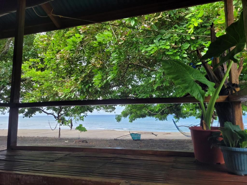 a view of a beach from a window at Mananambal Beach Huts - Family hut in Nagbalaye