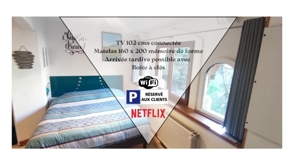 a poster of a bedroom with a bed and a window at Studio 24m2 cosy classé, lit Queen Size, Netflix, wifi, 400m centre, parking, boîte à clés, Gîtes La Tarine in Albertville