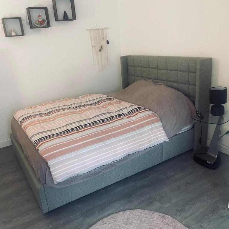 - un lit avec une tête de lit verte dans une chambre dans l'établissement Studio proche Strasbourg, à Schiltigheim