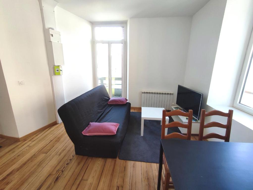 un salon avec un canapé noir et une table dans l'établissement L'Albarine, son calme, sa beauté et ses truites, à Tenay