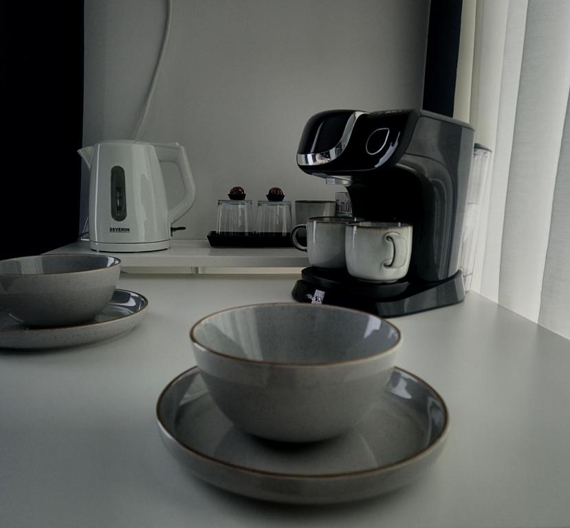 Příslušenství pro přípravu čaje a kávy v ubytování The Owl apartment