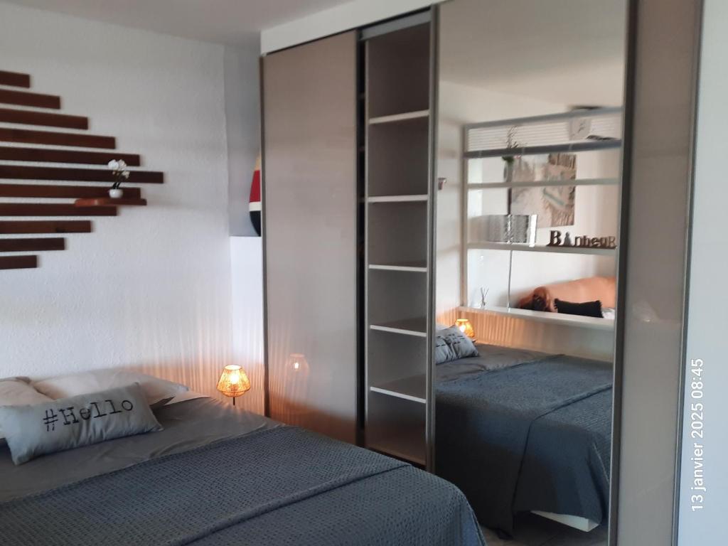 Postel nebo postele na pokoji v ubytování Studio avec piscine et vue lagon