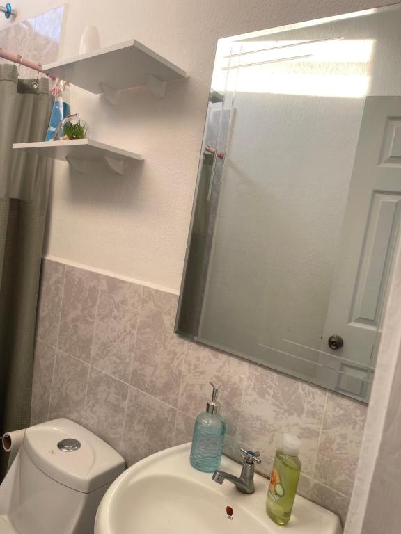 een badkamer met een wastafel, een toilet en een spiegel bij Casa tonykey in San Miguel