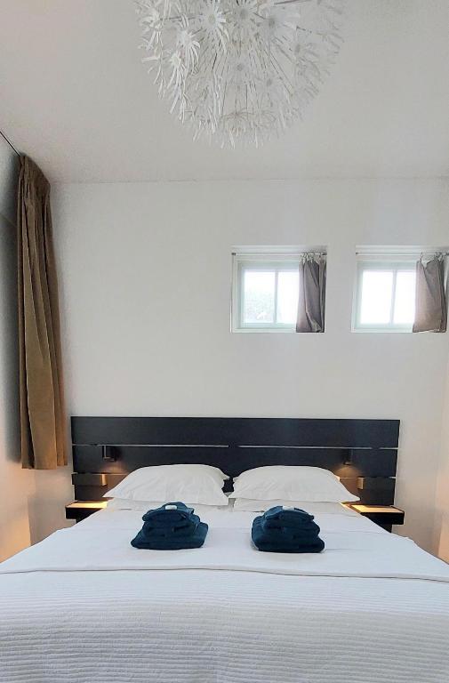 阿姆斯特丹行者之家酒店的卧室配有白色床和2条蓝色毛巾