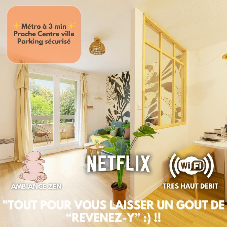 une affiche d'un salon avec une fenêtre dans l'établissement Le Tropical Bali, Appt T2, proche métro et centre ville, à Toulouse