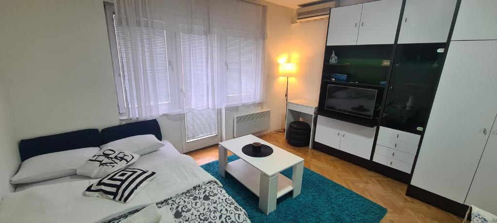 een slaapkamer met een bed, een tv en een tafel bij Vista Studio Apartment in Brčko