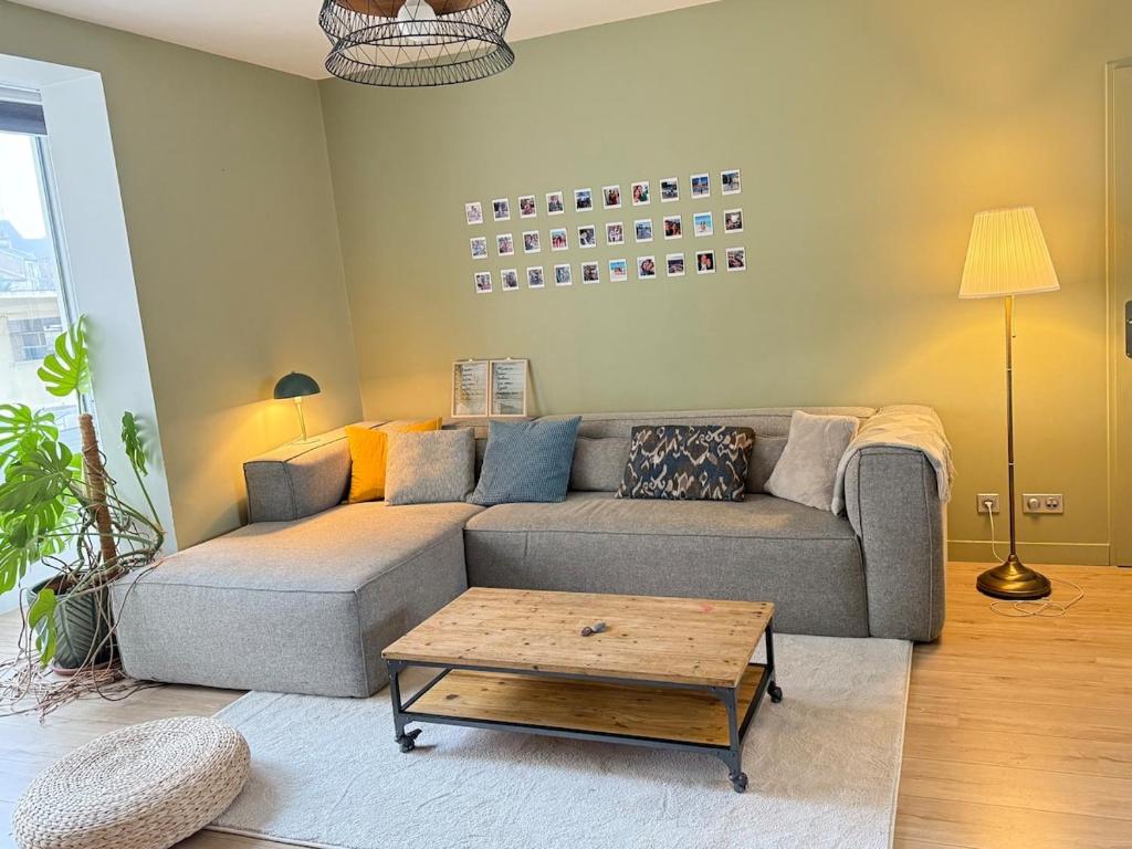 un salon avec un canapé et une table basse dans l'établissement Beautiful and spacious T4 with garage, great location, à Dijon