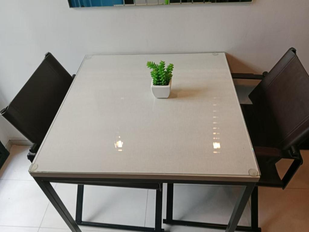 a table with a potted plant sitting on top of it at 芭提雅市中心The Base 高端公寓酒店 in Pattaya