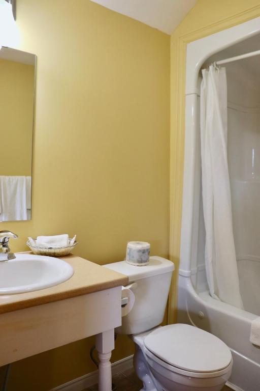 a bathroom with a toilet and a sink and a tub at Shining Waters - Ingleside Cottages in Cavendish