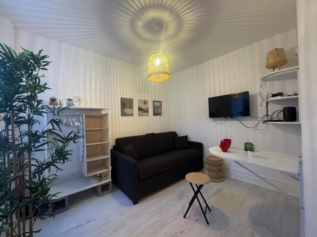 un salon avec un canapé et une table dans l'établissement Le Petit Bali - Studio, à Vichy