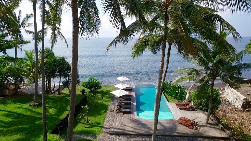 einen Pool am Meer mit Palmen in der Unterkunft Seraya Shores Bali in Seraya