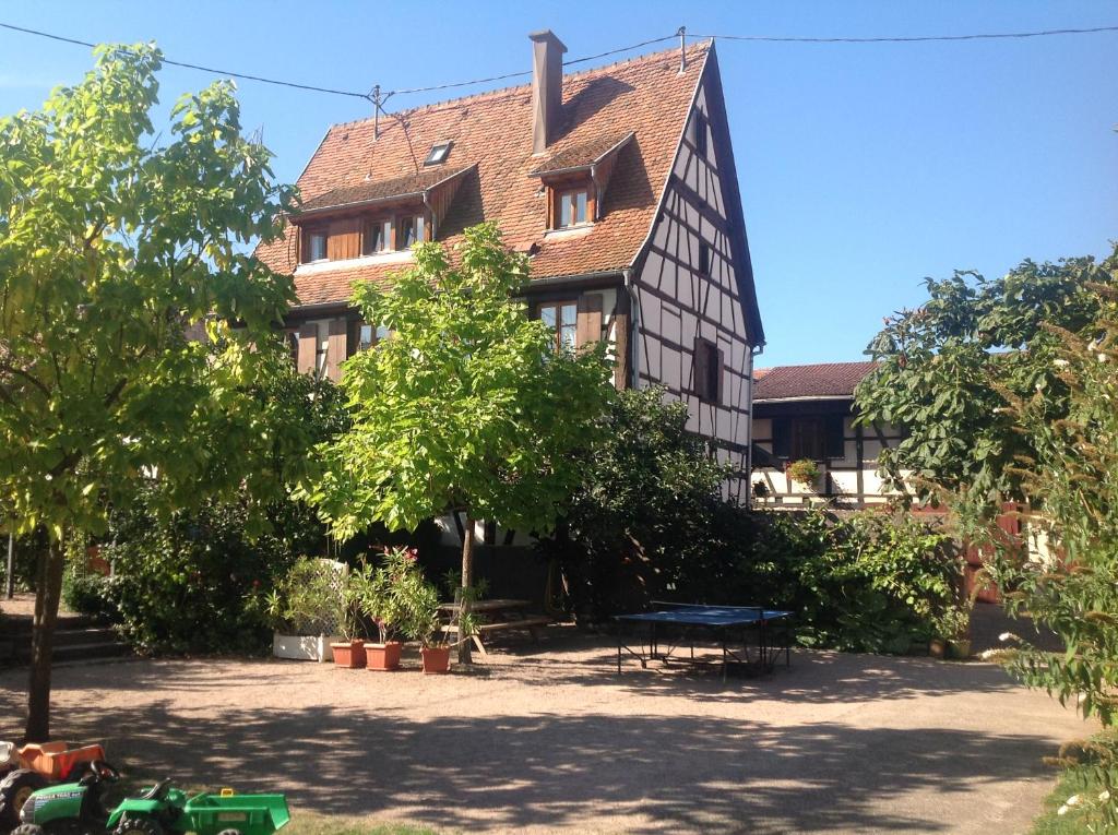 a large building with a picnic table in front of it at La Cour Zaepffel in Dambach-la-Ville