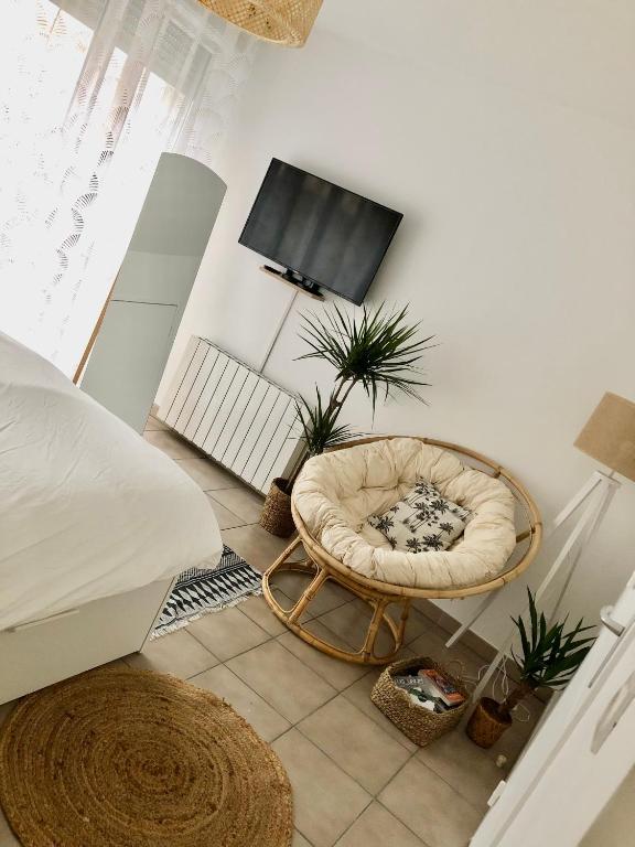 un salon avec une télévision et une chaise dans l'établissement Studio Cosy, LYON, avec garage privé, à Lyon