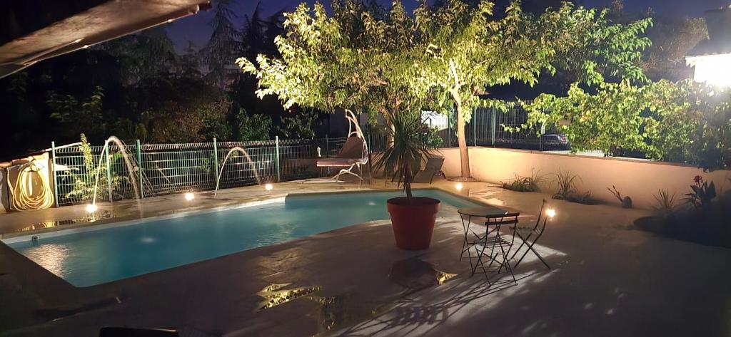 un arbre en pot assis à côté d'une piscine la nuit dans l'établissement Domaine de Charoussas le mas de mon père, à Lagorce