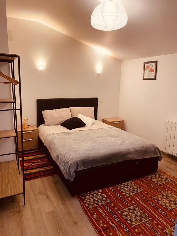 une chambre avec un grand lit et un tapis dans l'établissement Appartement 4 personnes, à Parthenay