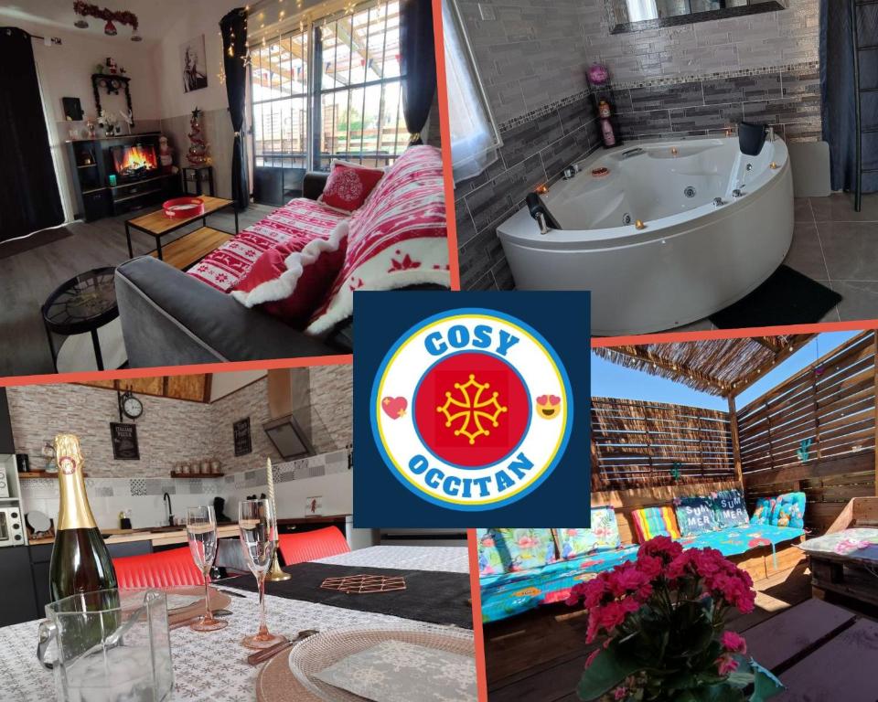 kolaż zdjęć pokoju z wanną w obiekcie Le Cosy Occitan villa chaleureuse indépendante baignoire terrasse jardin w Carcassonne