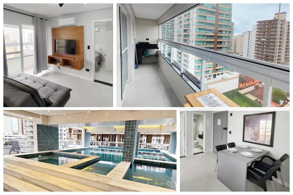 un collage de trois photos d'un appartement dans l'établissement Apto com lazer completo, piscina, ar, mercadinho e pet friendly a 1 min da praia, à Praia Grande