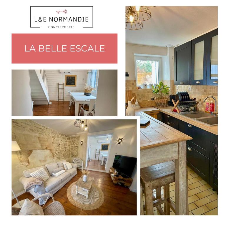 un collage de photos d'une cuisine et d'un salon dans l'établissement La Belle Escale, à Ver-sur-Mer