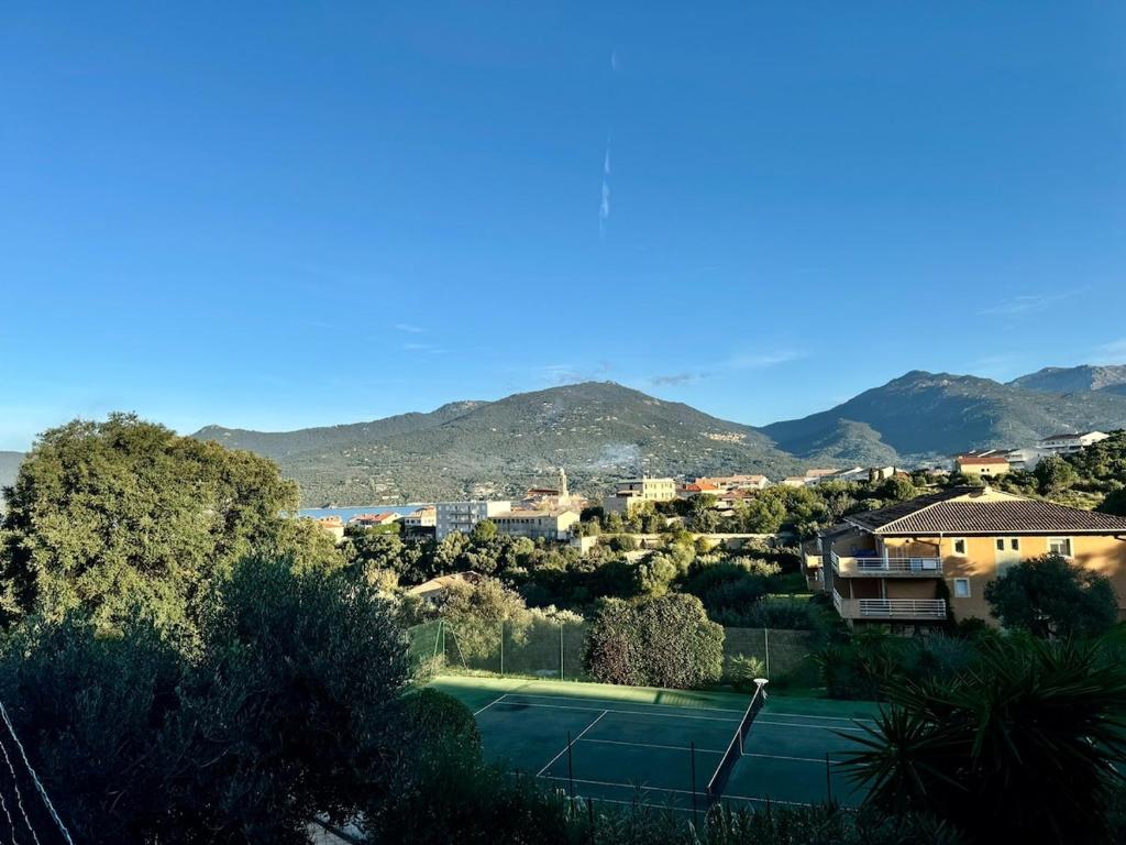 un court de tennis avec des arbres, des maisons et des montagnes dans l'établissement Appart résidence avec piscine, à Propriano