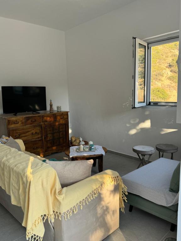 a living room with a couch and a tv at Sykano Espace, Skyros Island in Skiros
