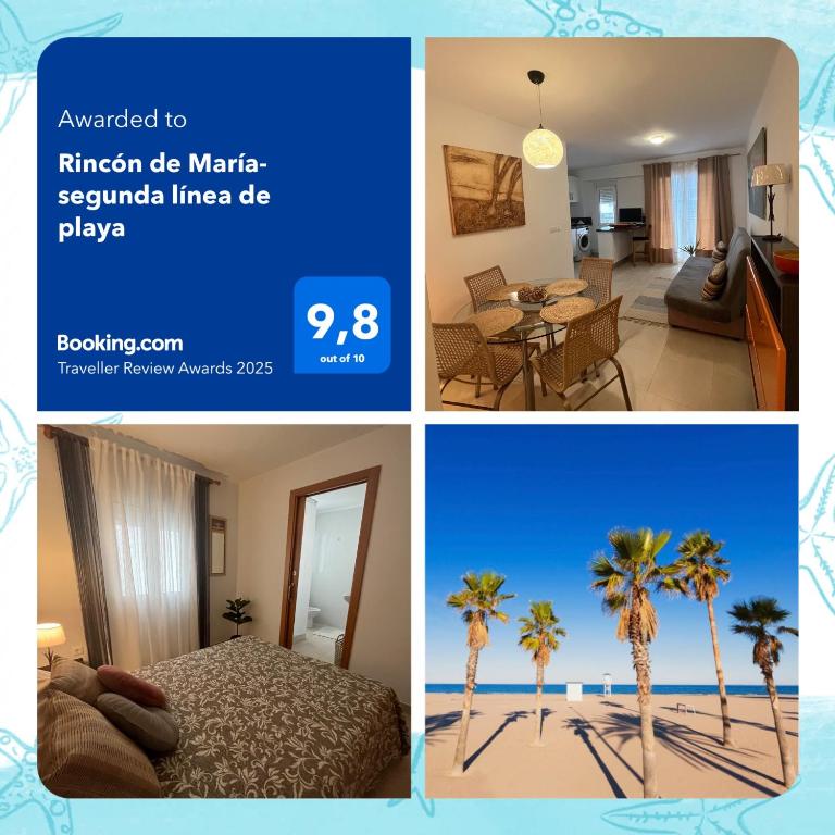 a collage of three pictures of a bedroom and a room with palm trees at Rincón de María - Ganador Traveller Awards 2025 y 2026 in Playa de Gandia