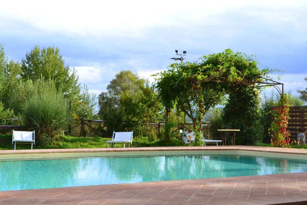 a swimming pool with two white chairs and trees at Appartamento Il Cantico Del Gallo, Wifi, Near Perugia in Colle