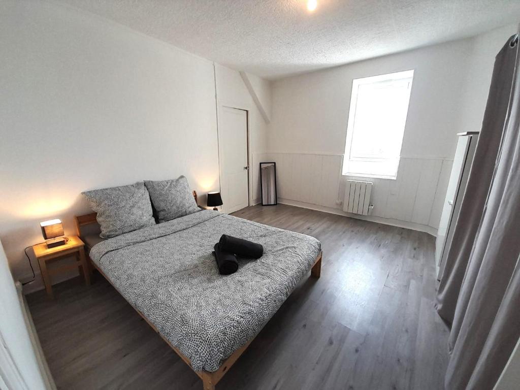 une chambre avec un grand lit et une fenêtre dans l'établissement Vierzon 5 bel apart-1chb-4pers-wifi-gare, à Vierzon