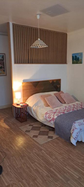 ein Schlafzimmer mit einem Bett und einem Tisch mit einer Lampe in der Unterkunft A 50 m des cures grand studio Audrey rénové avec goût parking wifi in Amélie-les-Bains-Palalda