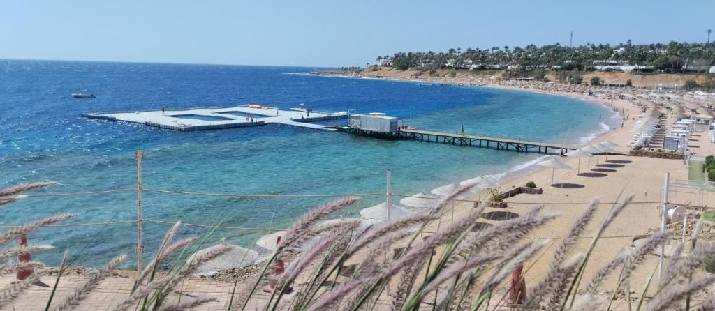 a view of a beach with a dock in the water at Central Acquamarine suite whit terrace in Sharm El Sheikh