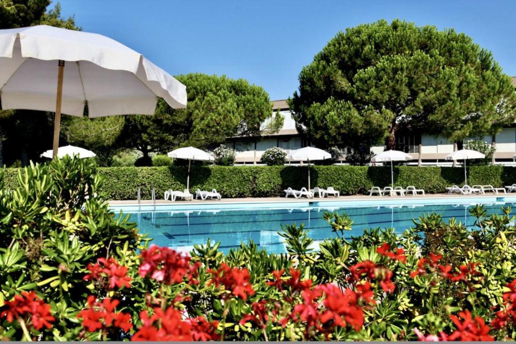 a swimming pool with umbrellas and flowers at ISA-Apartment 4 beds with common swimming pool in Marina di Bibbona just 350 mt from the sea in Marina di Bibbona