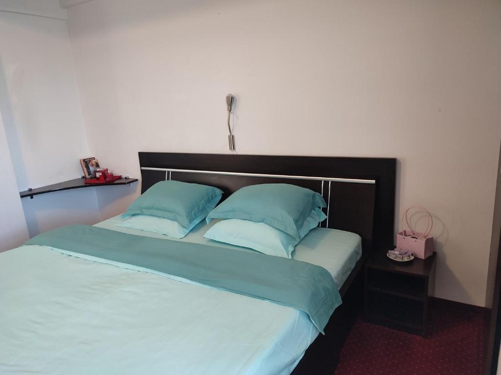 a bedroom with a bed with blue sheets and pillows at Cristina's Place!! in Sibiu