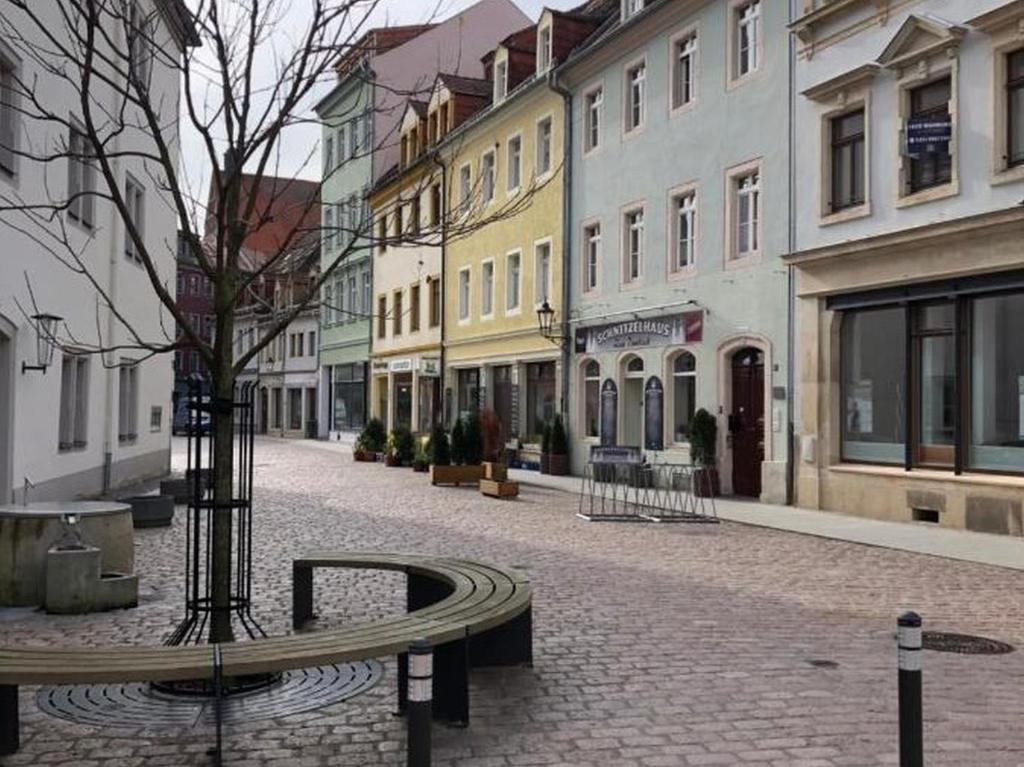 a cobblestone street in a city with buildings at Ferienwohnung am Theaterplatz in Meißen
