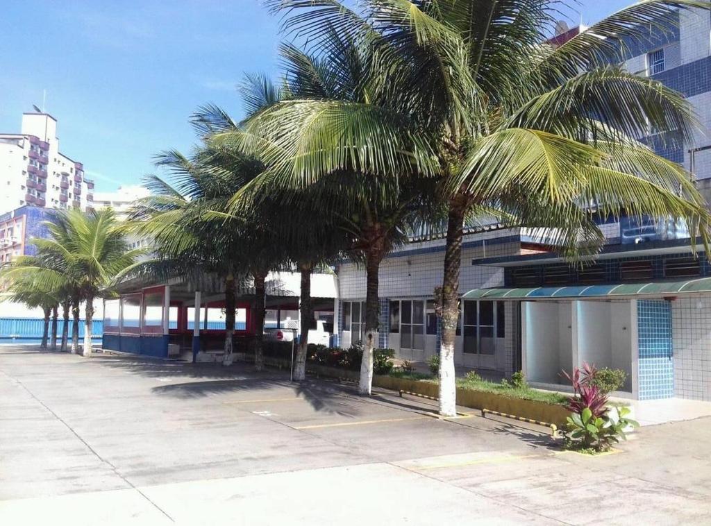 a row of palm trees in front of a building at Colônia de Férias Federação dos Papeleiros in Praia Grande