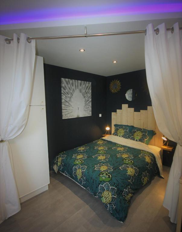 a bedroom with a bed with a green comforter at L'Appart - Résidence Chez Gally à Angers in Les Ponts-de-Cé